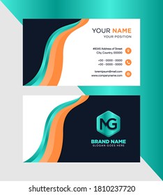 modern business card design with orange and blue gradient. wave shape graphic element. white and dark blue background. 