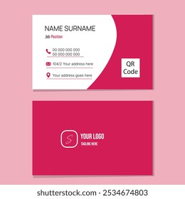 Modern business card design with red and white elements, featuring contact details, job position, QR code, and logo space for branding. 