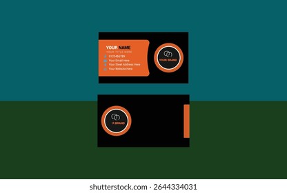 Modern business card design template with a sleek black and orange color scheme. Features customizable placeholders for name, title, contact details, and logo. 