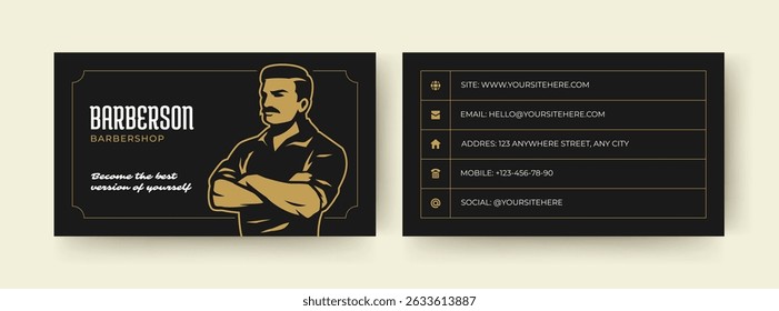 Modern business card featuring a stylish barber portrait, contact details, and a sophisticated design. Perfect for barbershops and personal branding. Vector illustration