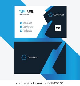 Modern business card with geometric shapes, Blue gradients, QR code, and organized contact details. Suitable for professional companies.