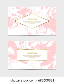 Modern business card with pink marble texture and gold frame.