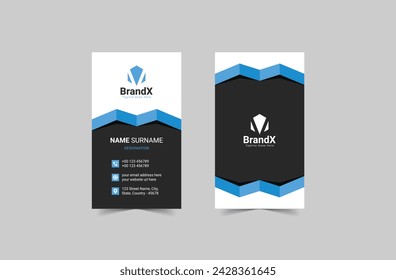 Modern Business Card Print Template. Personal visiting card with the company logo. Black and blue colors. Clean, flat design. Vector Illustration template