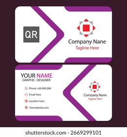 Modern business card with QR code and purple accents, professional and clean design for networking.