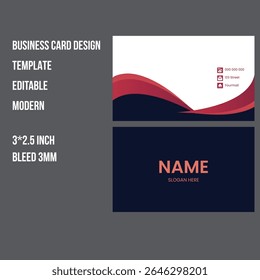 Modern business card template with abstract red and navy wave design. Fully editable layout with front and back sides, ideal for personal, corporate, or creative professional branding. Clean,