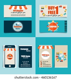 Plantilla moderna de tarjeta de visita con concepto de negocio, compra en línea, fondo de infografía E-commerce, ilustración vectorial.
