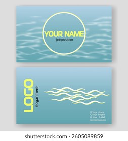 Modern business card template design. Marine theme, waves and light yellow elements. For tourism, diving
