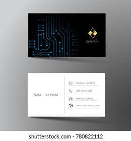 Modern Business Card Template Design. With Inspiration From Abstract Digital Circuit. Contact Card For Company. Two Sided Black And White On The Gray Background. Vector Illustration. 