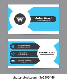 Modern Business card template in flat design. Abstract light background. Personal plain business card template design of designer with calling elements / icons Vector graphic visiting card print blank