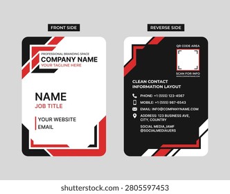Modern business card template with front and back layout, QR code, professional corporate branding, contact information and minimalist vector design