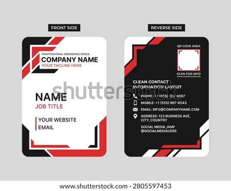 Modern business card template with front and back layout, QR code, professional corporate branding, contact information and minimalist vector design