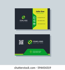 Modern business card template green and yellow colors. Flat design vector abstract creative