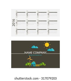Modern business card template with nature background and 2016 calendar. Vector illustration.