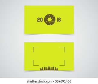 Modern Business card template for nature photography studio, eco company. Unusual design. Corporate brand identity design with shutter logo badge element. Photograph label. Realistic shadow. Vector