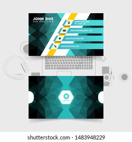 modern business card template with turquoise polygonal vector