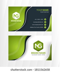 Modern business card template use horizontal layout. Combination green gradient on element with  dark blue and white on the background. abstract wave style with shadow. 