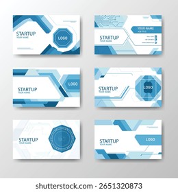 Modern business card templates with abstract blue geometric and tech-inspired designs for startups and new companies.