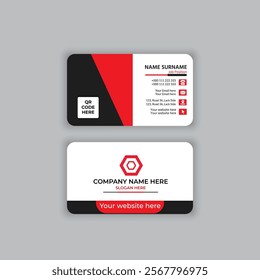 Modern Business Card with Two Sides Card. Red and black simple shape business card. Company and private visiting card vector template. 