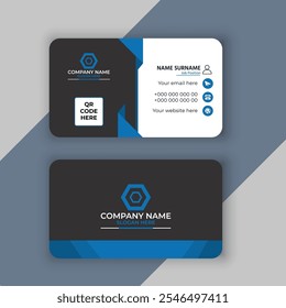 Modern business card vector template .black business card with Blue triangle shapes design