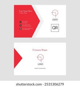 Modern business card white red, white background, QR  code integration, space for logo, contact info, and company slogan. Front and back design. 