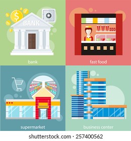 Modern business center concept. Supermarket general store, shopping mall and fashion store. Bank office symbol and safe icon. Fast food restaurant. Concept with item icons in flat design