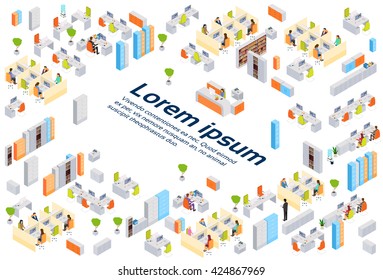 Modern Business Center Office Building Businesspeople Working Interior Copy Space 3d Isometric Vector Illustration