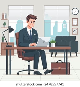 Modern business character working in an office, dressed smartly in a suit, and using a laptop