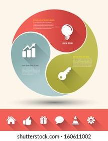 El moderno círculo de negocios yin yang opciones estilo banner con iconos largas sombras. Ilustración vectorial. se puede utilizar para diseño de flujo de trabajo, diagrama, opciones de número, opciones de paso, diseño web, infografías. 