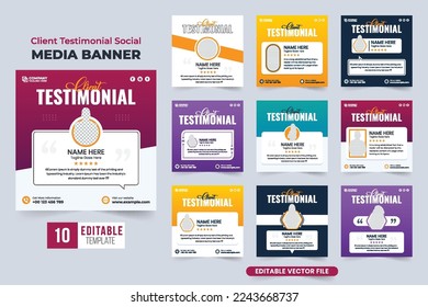 Modern business client testimonial template collection for social media marketing. Customer feedback and rating layout set design with yellow and dark colors. Client review template bundle for website