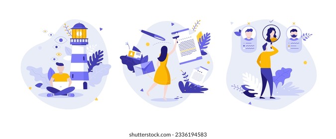 Concepto empresarial moderno conjunto de ilustraciones vectoriales planas. Innovaciones en la promoción de la participación de la audiencia y la contratación de composiciones de dibujos animados para el diseño web. Idea creativa para sitio web, móvil, presentación