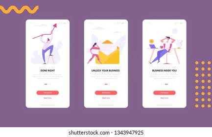 Modern Business Concept Mobile App Page Screen Set. People Characters as Man Holding Arrow Going Up, Woman with Envelope and Relax Businessman for Website Web Page. Flat Cartoon Vector Illustration