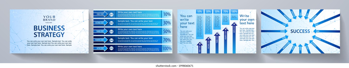 Modern business concept presentation design set (infographic). Creative blue contemporary background page. Technology template for business project slides show, backdrop for video intro, social media