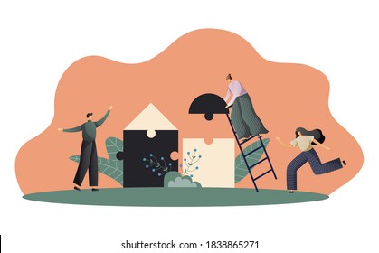 Modern business concept with puzzle pieces. Colleagues collect puzzles of cartoon characters. Business concept. Teamwork, collaboration, partnership symbol. Vector illustration