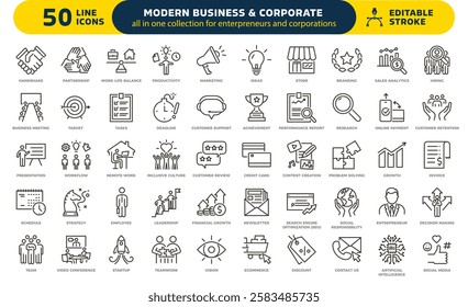 Modern business and corporate icon set. Thin line editable stroke icons for corporations, entrepreneurs, marketing, startups, leadership, strategy and e-commerce