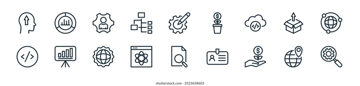 modern business development icon pack. perfect for linear ui designs featuring vector loupe, location, grow plant, id card, file, atom,   and more icons for mobile and web apps.