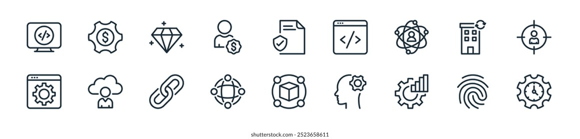 Perfecto para diseños de interfaz de usuario lineal con gestión del tiempo de Vector, huellas dactilares, gestión de datos, cognitivo, cubo D, conexión, hipervínculo y más iconos para