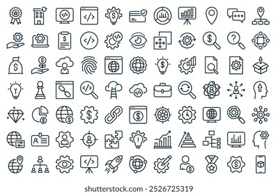 pacote de ícones de desenvolvimento empresarial moderno. perfeito para projetos de ui minimalista com vetor móvel, roda de engrenagens, medalha, homem, gerenciamento, rede, lançamento de foguetes e mais ícones.