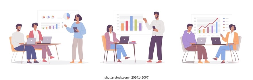 Modern business digital presentation and people working in the office white isolated set