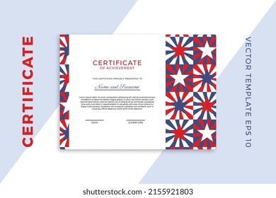Modern business diploma mockup for graduation or course completion. Patriotic design of certificate of appreciation template with stars geometric pattern. Vector background EPS 10