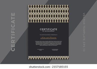 Modern business diploma mockup for graduation or course completion. Trendy vertical certificate of appreciation dark template with geometric pattern. Vector background EPS 10