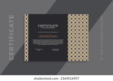 Modern business diploma mockup for graduation or course completion. Trendy horizontal certificate of appreciation dark template with geometric pattern. Vector background EPS 10