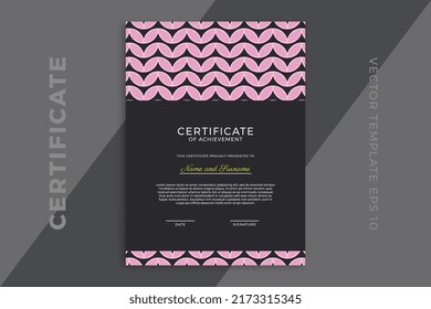 Modern business diploma mockup for graduation or course completion. Trendy vertical certificate of appreciation dark template with geometric pattern. Vector background EPS 10