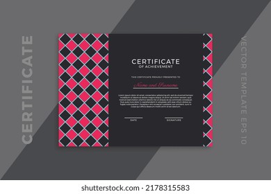 Modern business diploma mockup for graduation or course completion. Trendy horizontal certificate of appreciation dark template with geometric pattern. Vector background EPS 10