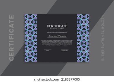 Modern business diploma mockup for graduation or course completion. Trendy horizontal certificate of appreciation dark template with geometric pattern. Vector background EPS 10