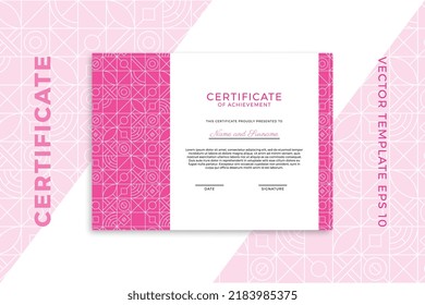 Modern business diploma mockup for graduation or course completion. Elegant pinkish design of certificate of appreciation template with Bauhaus geometric pattern. Trendy vector background EPS 10