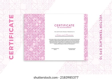 Modern business diploma mockup for graduation or course completion. Elegant pinkish design of certificate of appreciation template with Bauhaus geometric pattern. Trendy vector background EPS 10