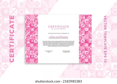 Modern business diploma mockup for graduation or course completion. Elegant pinkish design of certificate of appreciation template with Bauhaus geometric pattern. Trendy vector background EPS 10