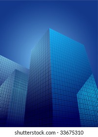 Modern business district. Vector illustration in blue.