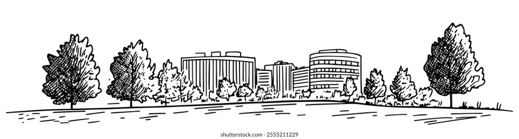 modern business district in Warsaw, doodle hatching vector sketch, panoramic view