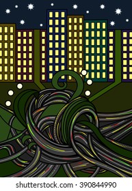 Modern business eco friendly city. Environmental concept vector illustration. Night urban scene.